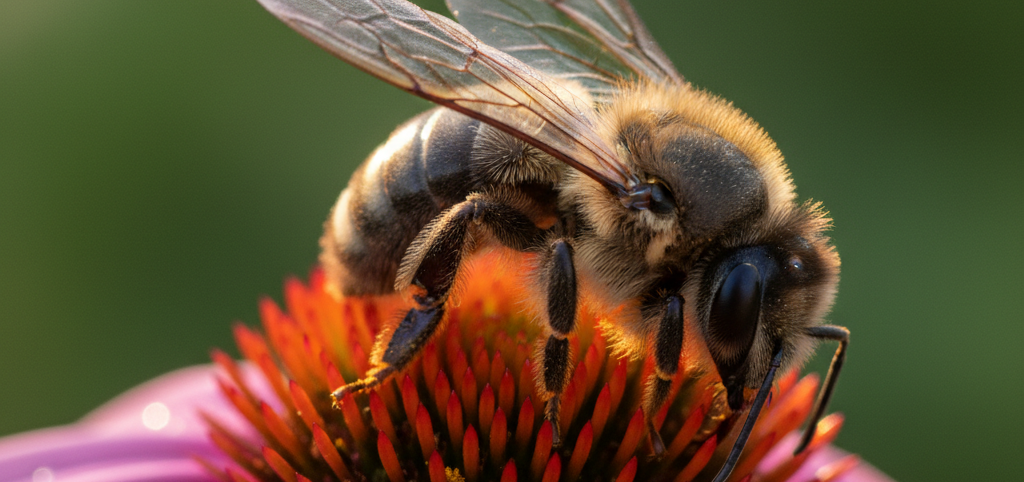 A close-up photograph of a native black honeybee on a flower, detailed wings, natural lighting, macro photography style